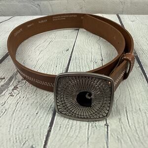 Carhartt Belt Silver C Logo Buckle Genuine Nubuck Cowhide Br Leather Tan Sz XS